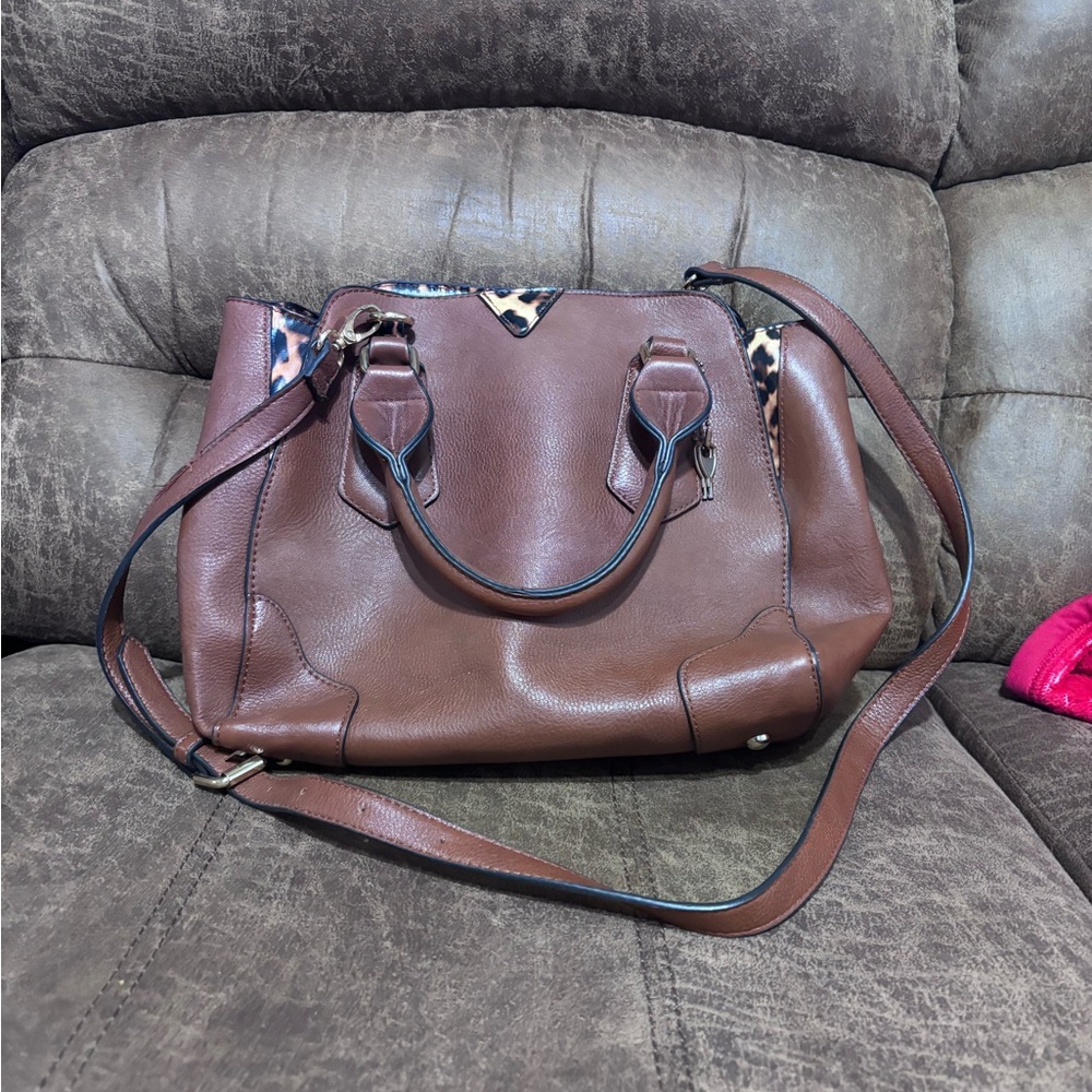Bulldog Cases - Brown Leather & Leopard Concealed Carry Satchel Handbag